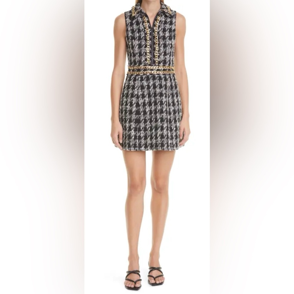 Alice + Olivia Chic Black and White Tweed Dress with Gold Chain Detail